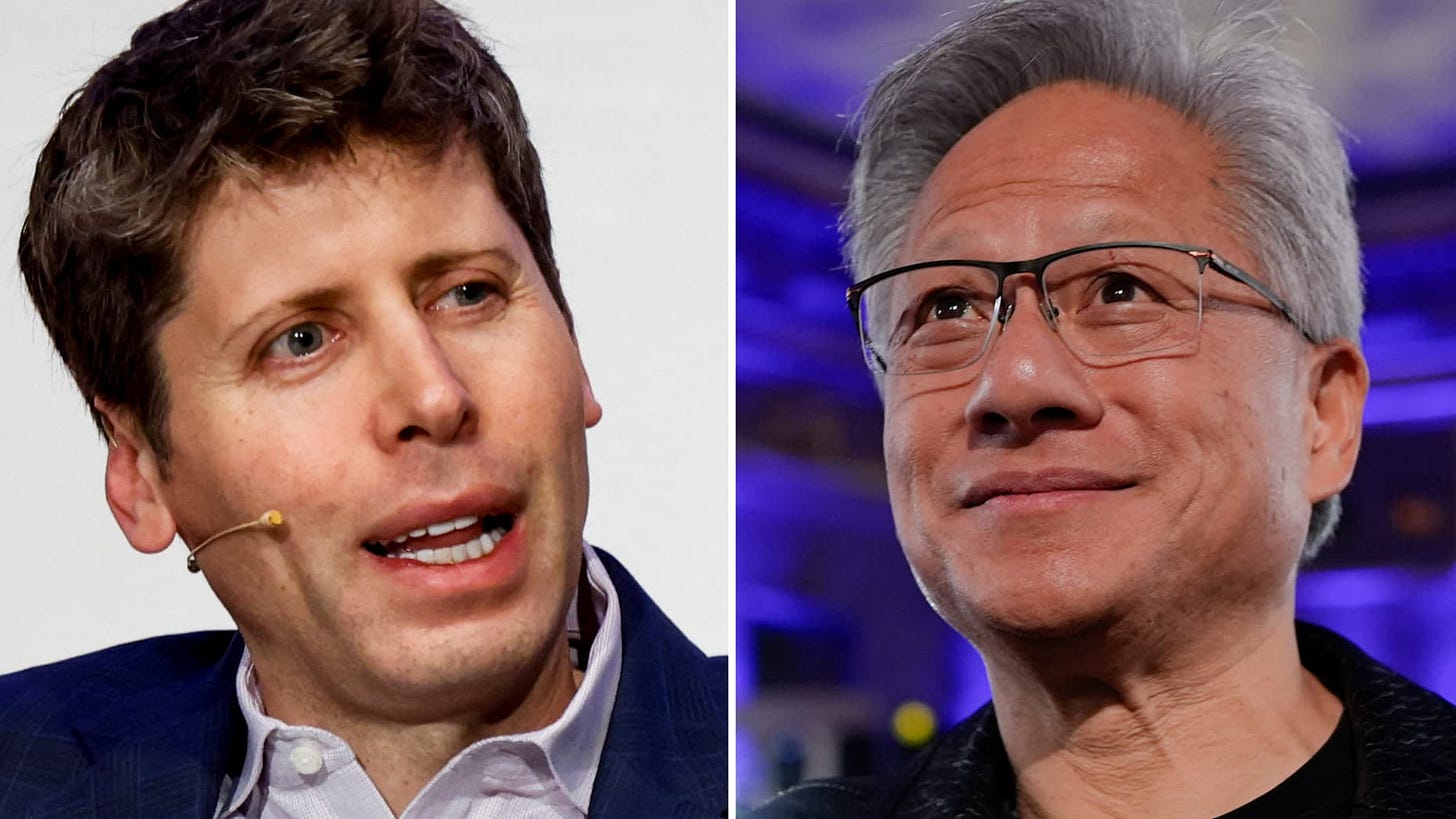 Sam Altman, CEO of OpenAI (L), and Jensen Huang CEO of Nvidia. Sam Altman, CEO of OpenAI (L), and Jensen Huang CEO of Nvidia.