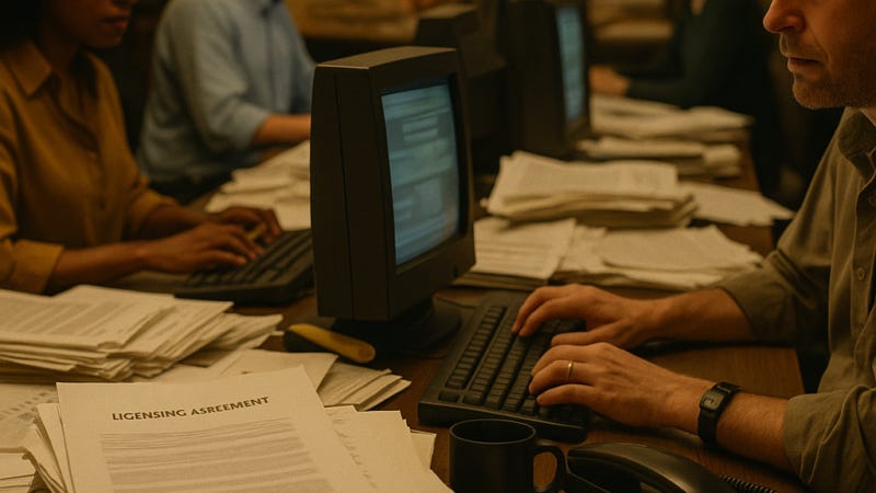 Journalists work at terminals in an AP wire room, with stacks of printed dispatches and a licensing agreement document on a desk under warm tungsten light. Journalists work at terminals in an AP wire room, with stacks of printed dispatches and a licensing agreement document on a desk under warm tungsten light.