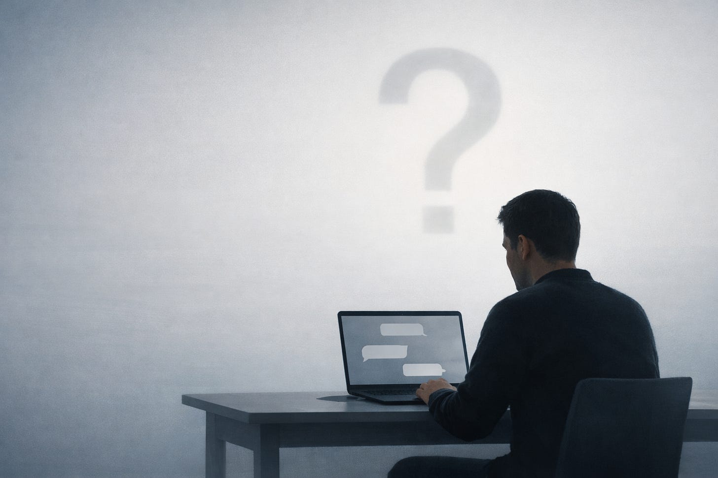 Silueta unui om așezat la birou, în fața unui laptop pe al cărui ecran se sugerează o conversație cu AI, cu un semn de întrebare discret deasupra, într-un cadru minimalist și contemplativ. Silueta unui om așezat la birou, în fața unui laptop pe al cărui ecran se sugerează o conversație cu AI, cu un semn de întrebare discret deasupra, într-un cadru minimalist și contemplativ.