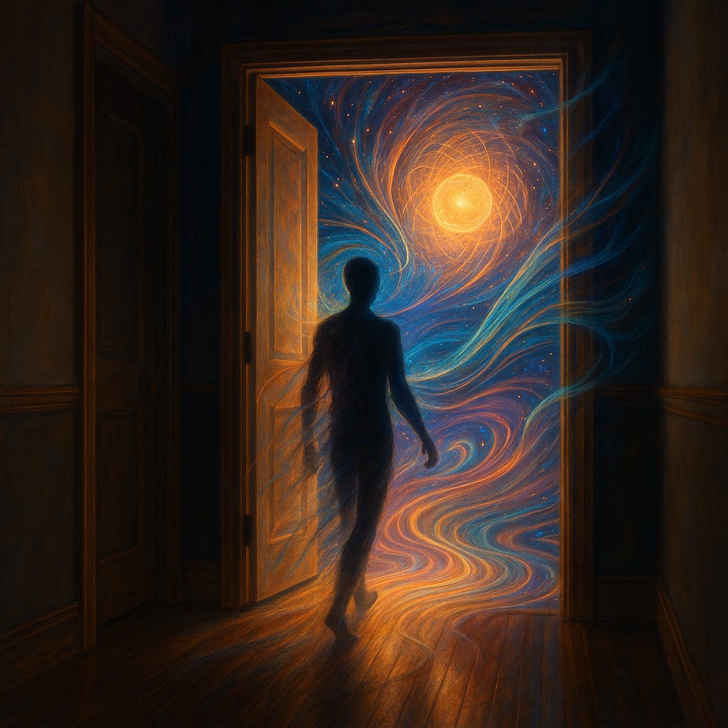 A silhouetted human figure walks through an open doorway into a swirling, cosmic space filled with vibrant stars and golden light, symbolising the transition into expanded recognition and interdimensional awareness.