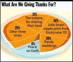 [Image shows a satirical pie chart titled "What Are We Giving Thanks For?" with different thanksgiving-related categories and percentages]  What Are We Giving Thanks For?; 21% The Indians, for sharing their land; 34% Julie Strain nipple print from Eroticruise '05; 25% Other three limbs; 20% Panda weddings; 0% Peace on Earth