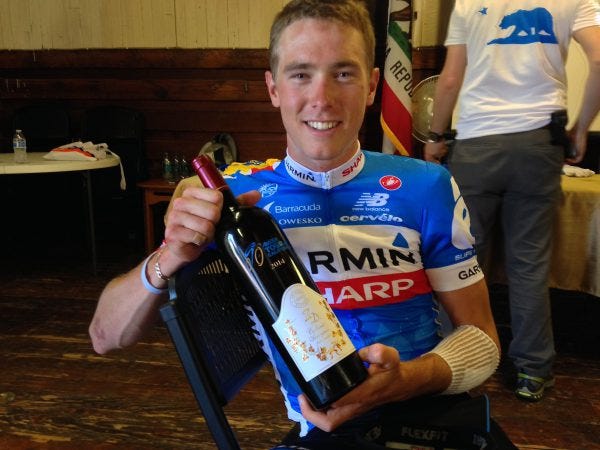 Garmin's Rohan Dennis shows off his second place ZD cabernet. Garmin's Rohan Dennis shows off his second place ZD cabernet.