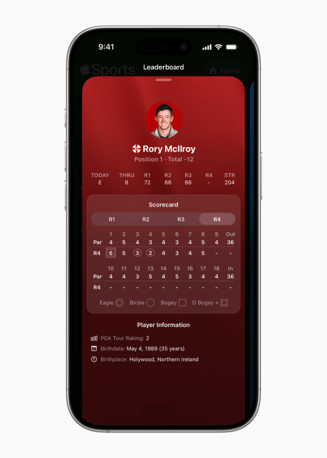 Through Apple Sports, golf fans can track their favorite players through each event with hole-by-hole results and individual scorecards alongside live leaderboards.