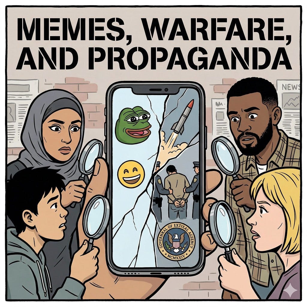  This illustration titled "MEMES, WARFARE, AND PROPAGANDA" depicts four diverse individuals using magnifying glasses to examine a large, cracked smartphone screen. The device displays a chaotic mix of imagery, including a green frog meme, a smiling emoji, a launching missile, and an individual being detained by authorities. A fictional government agency seal is visible at the bottom of the screen, suggesting state involvement in digital content. The overall composition highlights the importance of critical inquiry and media literacy in a complex information environment.