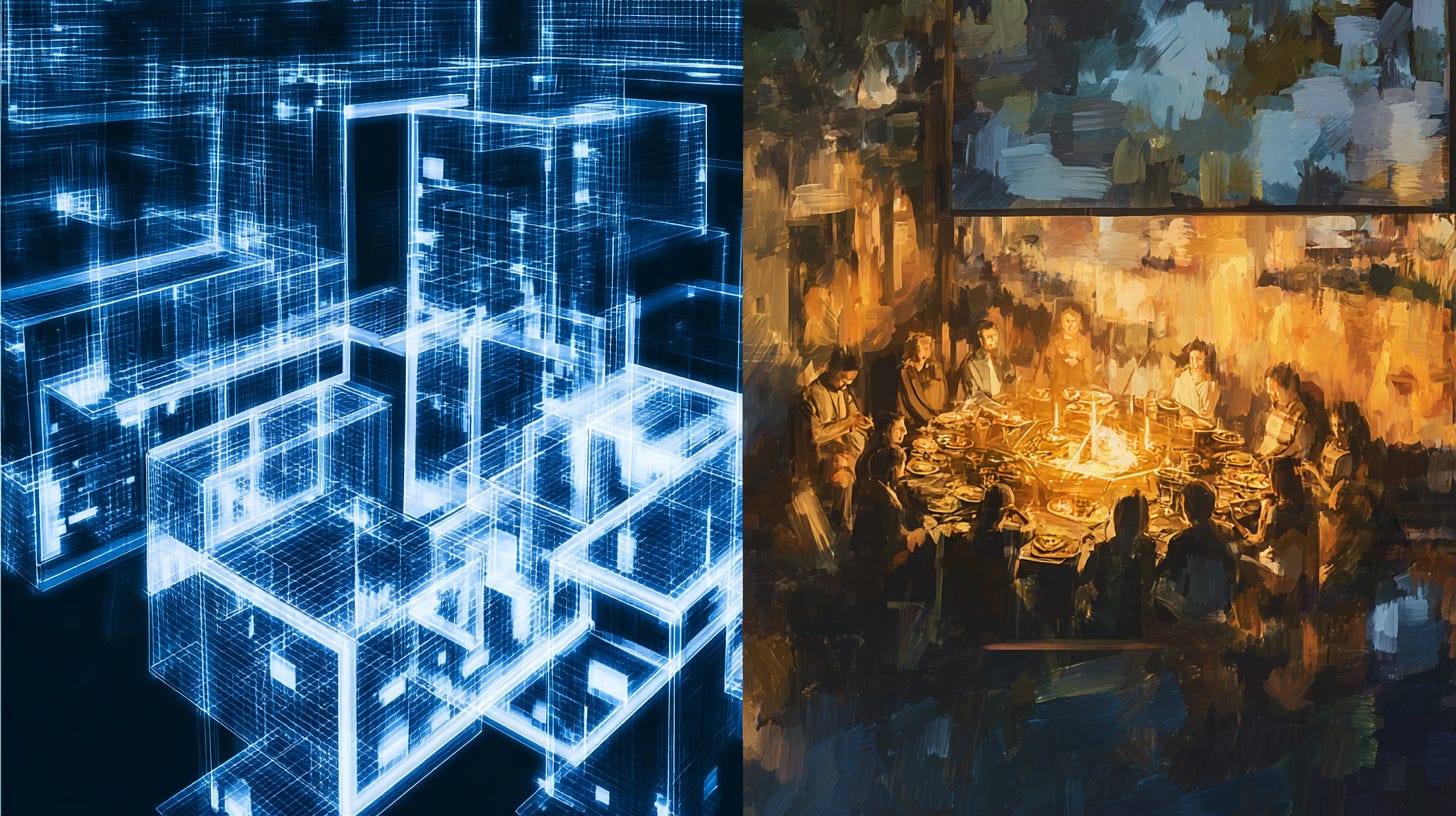 A conceptual split-screen image. The left half is rendered in cold, desaturated blue tones with sharp digital lines: a modern, sterile metropolis where individuals sit isolated in glass cubes, looking hungry and lonely, separated by glowing data borders. The right half is rendered in warm, earthy oil painting textures: an ancient village square bathed in firelight, where people are embracing and sharing a feast at a communal table.The two styles clash down the center line