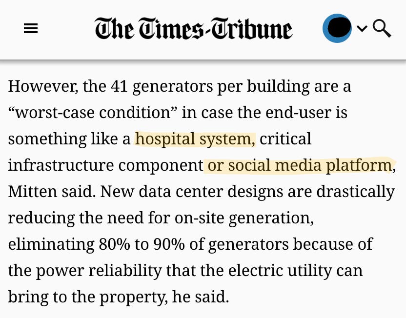The Times-Tribune. However, the 41 generators per building are a “worst-case condition” in case the end-user is something like a hospital system, critical infrastructure component or social media platform, Mitten said. New data center designs are drastically reducing the need for on-site generation, eliminating 80% to 90% of generators because of the power reliability that the electric utility can bring to the property, he said.
