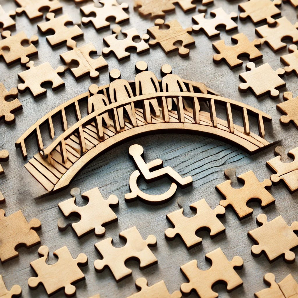 A symbolic depiction of a bridge made from puzzle pieces, each piece representing different abilities, connecting two communities and fostering understanding and inclusion.