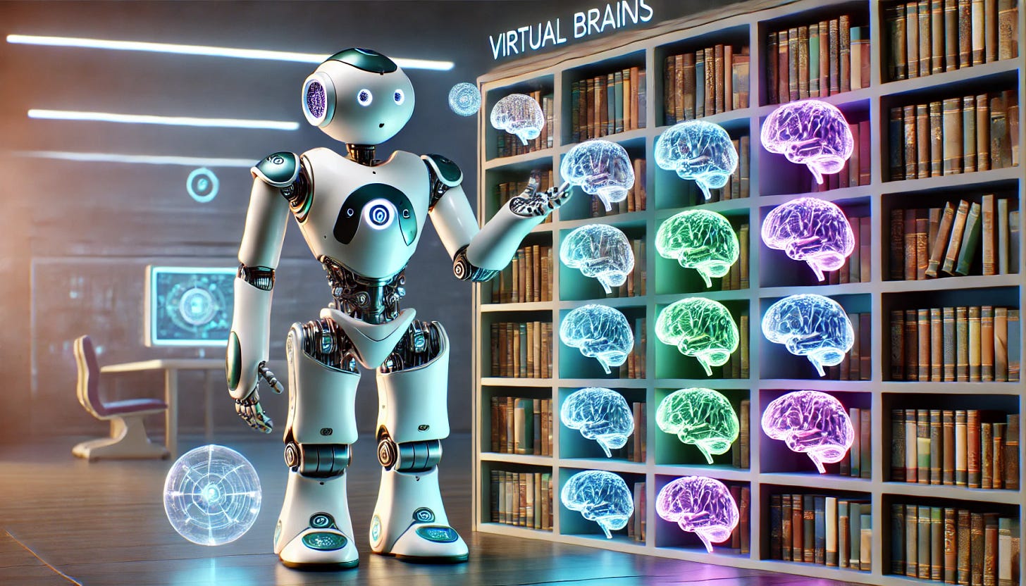 A friendly robot organizing several virtual brains on a futuristic bookshelf. The robot has a sleek and modern design, with a metallic body and glowing eyes, appearing approachable and kind. The virtual brains are holographic, glowing in different colors such as blue, green, and purple, and floating slightly above the shelves. The bookshelf itself has a high-tech appearance with neon accents and a clean, minimalist design. The background is a futuristic room with soft lighting.