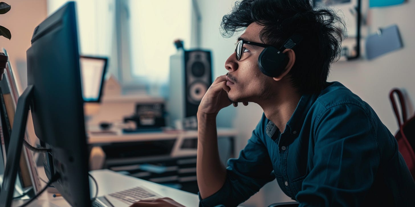 An AI-generated image of a man sitting at a desk, looking visibly confused.