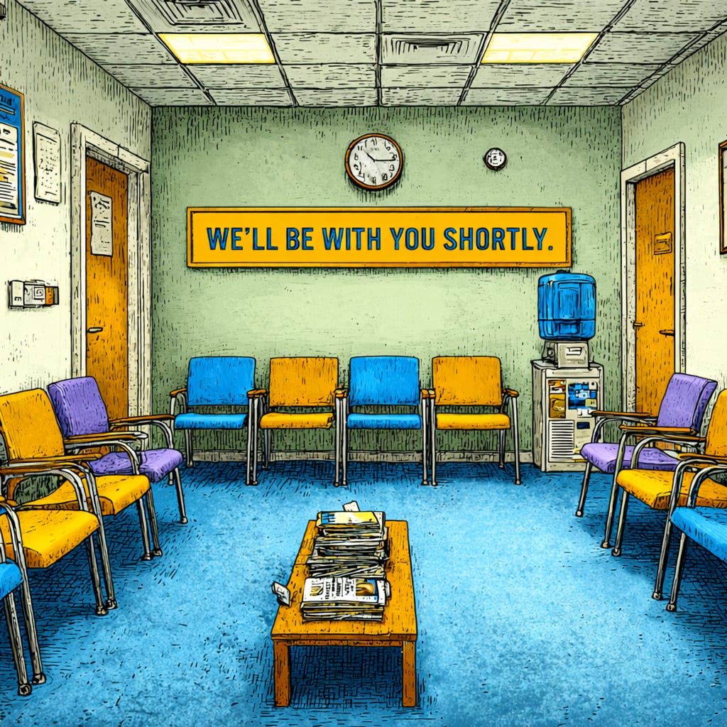 An empty institutional waiting room with rows of colorful chairs, fluorescent lighting, a water cooler, and a large sign reading “We’ll be with you shortly.” The room looks orderly and functional, but no staff or activity is present.