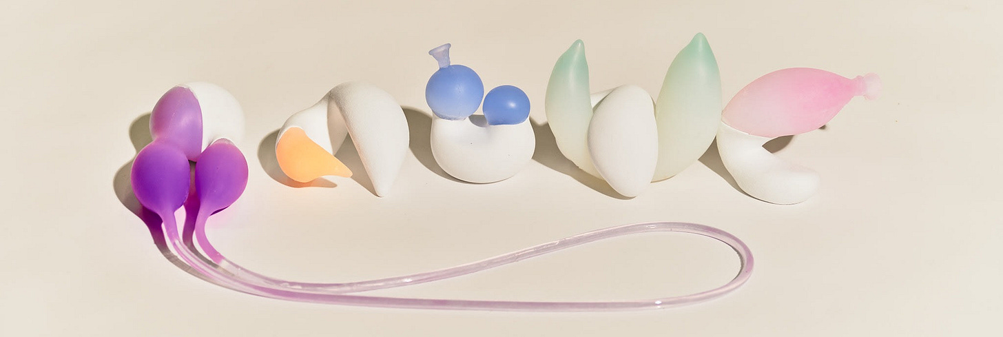 A photo of 5 handheld-size sculptures. They look like stim toys or sex toys, with soft curves creating playful shapes with gradient colors.
