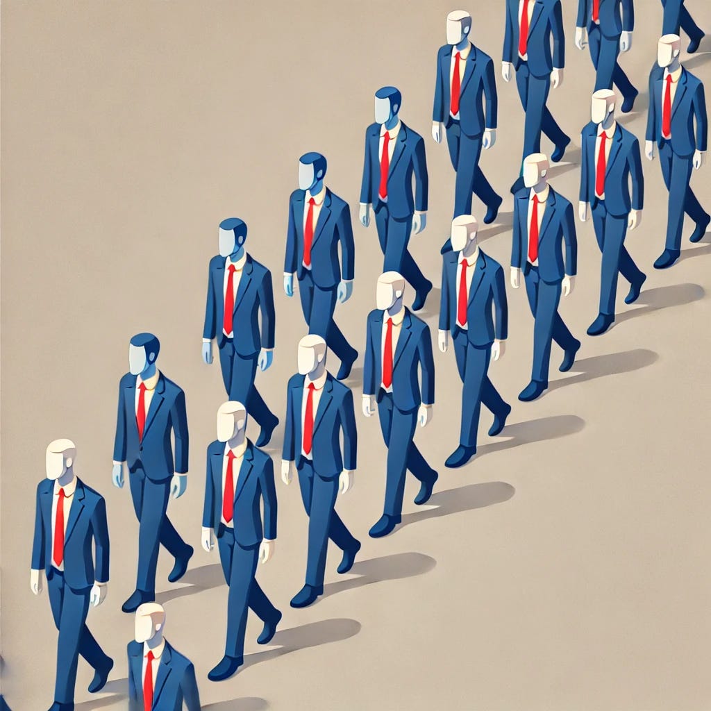 Isometric, minimalist illustration of a long line of faceless men in suits with red ties, arranged in a row stretching into the distance. The men should have varying skin tones to represent diversity, while keeping the minimalist style. Use clean lines and simple geometric shapes, with a limited color palette that emphasizes the diversity in skin colors along with blue suits and red ties. The scene should maintain a humorous, slightly surreal feel with the line of identical figures repeating into the distance.