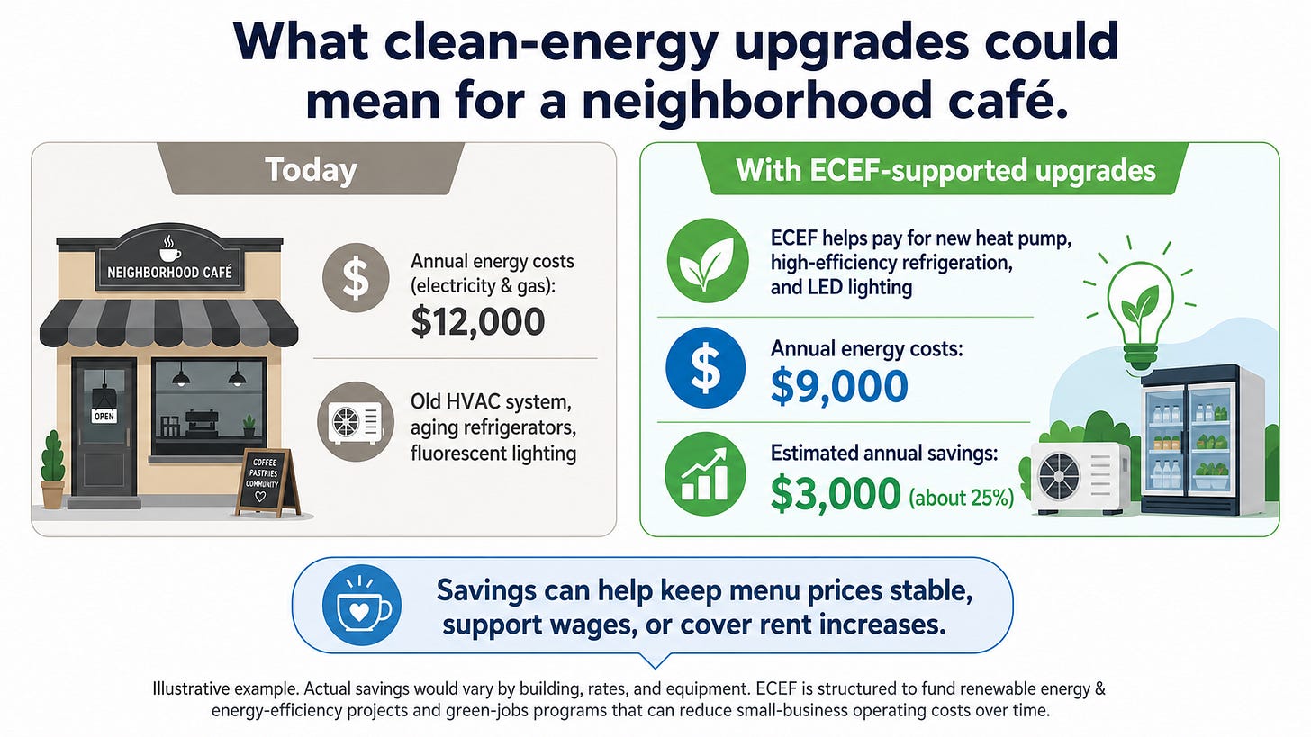 Two-panel infographic showing before-and-after energy cost savings for a neighborhood café with ECEF-supported upgrades. Two-panel infographic showing before-and-after energy cost savings for a neighborhood café with ECEF-supported upgrades.