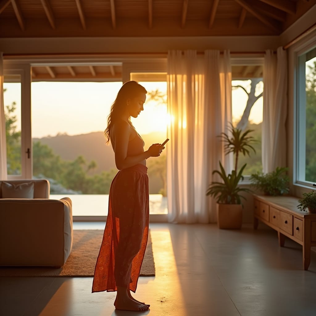 A beautifully dressed woman in a vibrant sundress, standing in the doorway of a stunning modern Jamaican home, looking out at the breathtaking Caribbean landscape, as she prepares to checkout of her vacation rental, surrounded by lush greenery and colorful tropical flowers, with a warm golden light spilling in through the doorway, casting a romantic glow on the scene. A beautifully dressed woman in a vibrant sundress, standing in the doorway of a stunning modern Jamaican home, looking out at the breathtaking Caribbean landscape, as she prepares to checkout of her vacation rental, surrounded by lush greenery and colorful tropical flowers, with a warm golden light spilling in through the doorway, casting a romantic glow on the scene.