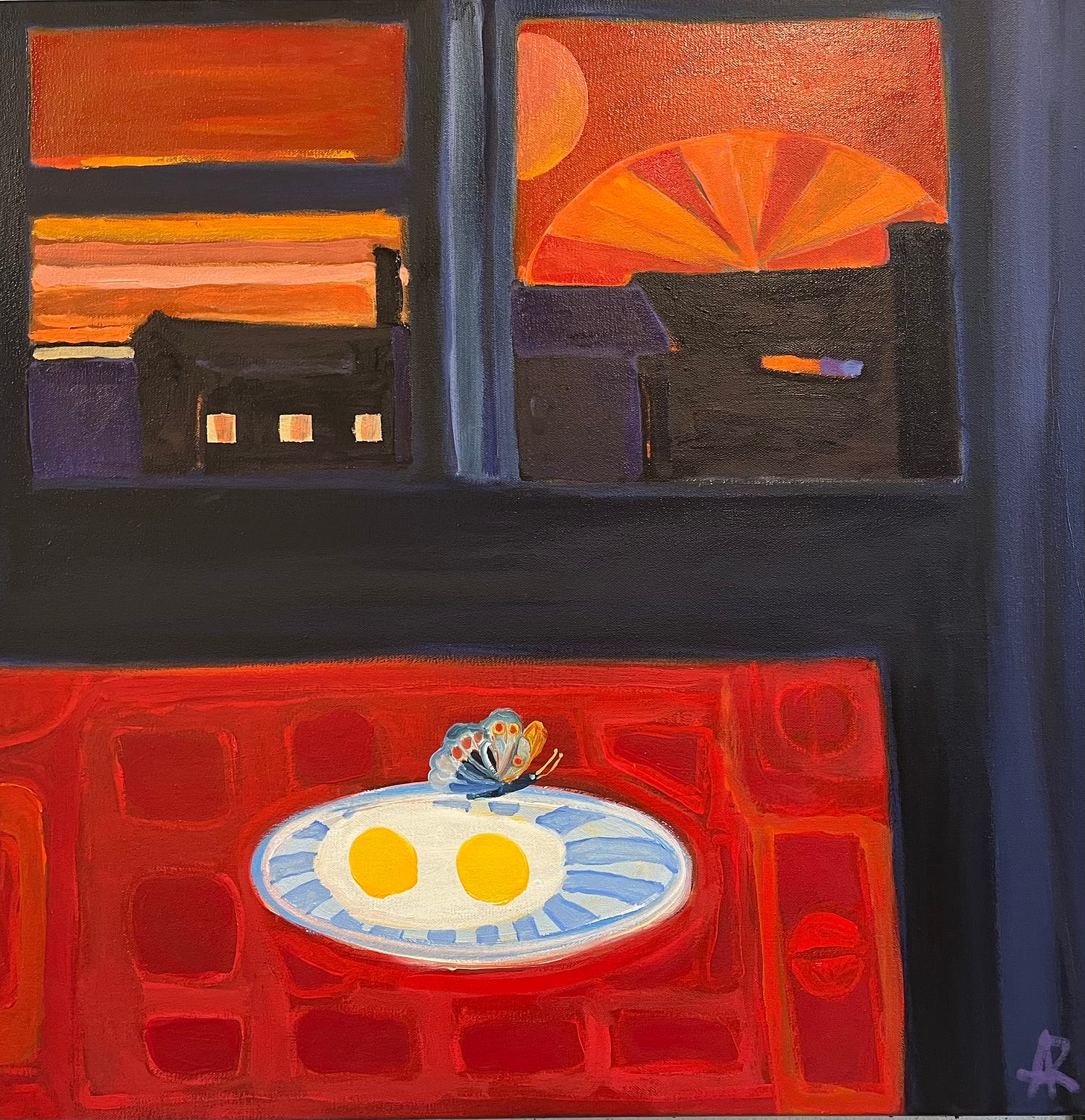 A painting of a butterfly on a plate

Description automatically generated