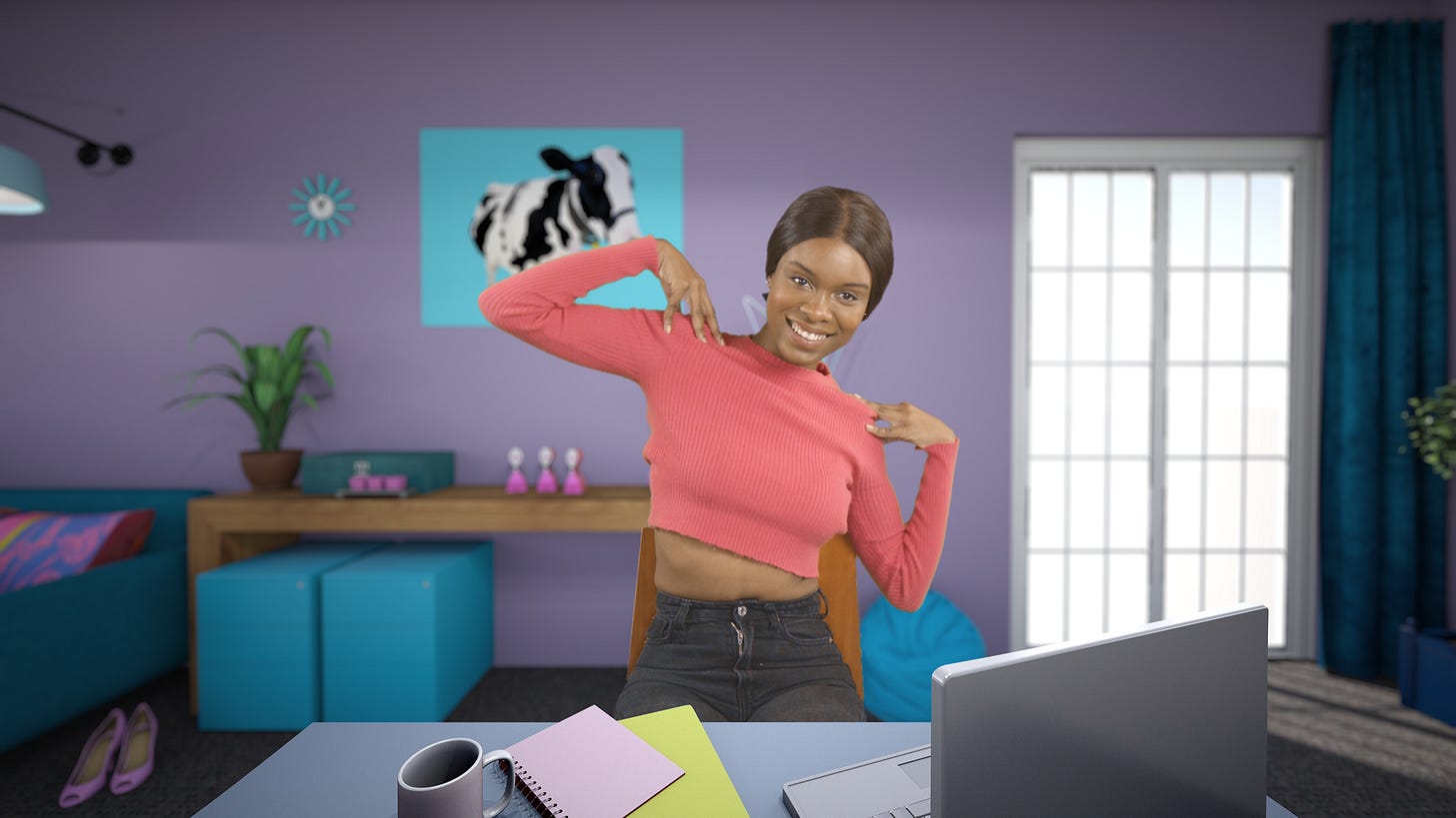 A happy young woman taking exercise break at home office