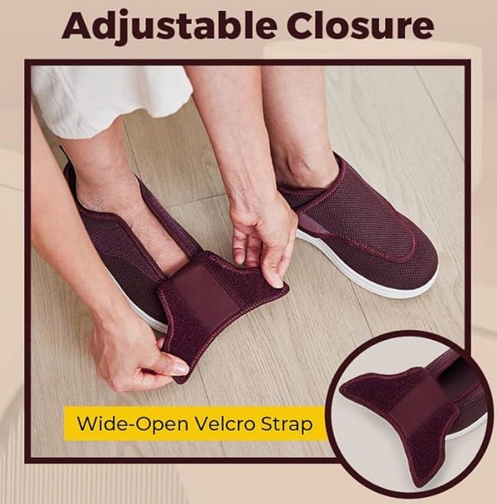 A shoe is shown where the upper part covering the foot has flaps held with velcro around the side of the foot. The wearer detaches these side flaps and folds the upper flap forward to open the shoe.