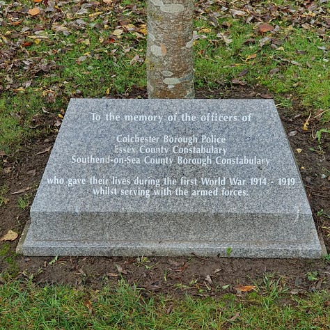 A series of three memorial stones for general remembrance, officers who died in World War 1, and officers who died in World War 2.