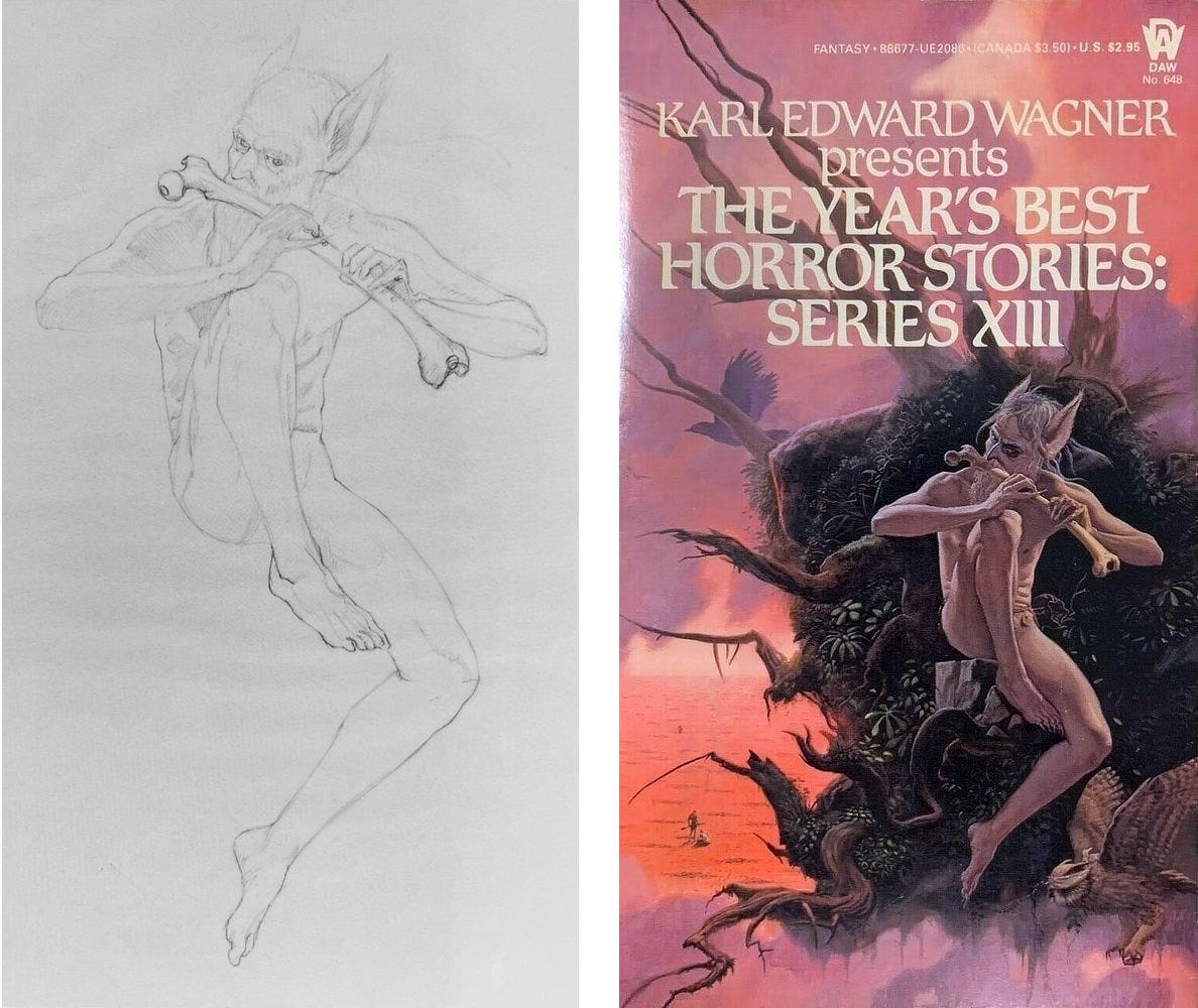 LEFT: Figure study in pencil for TWO WORLDS featuring a man with bat-like ears piping a tune on a human femur. He sits with one knee up and the other dangling.  RIGHT: Book cover for THE YEAR’S BEST HORROR STORIES: SERIES XIII edited by Karl Edward Wagner, published by DAW Books