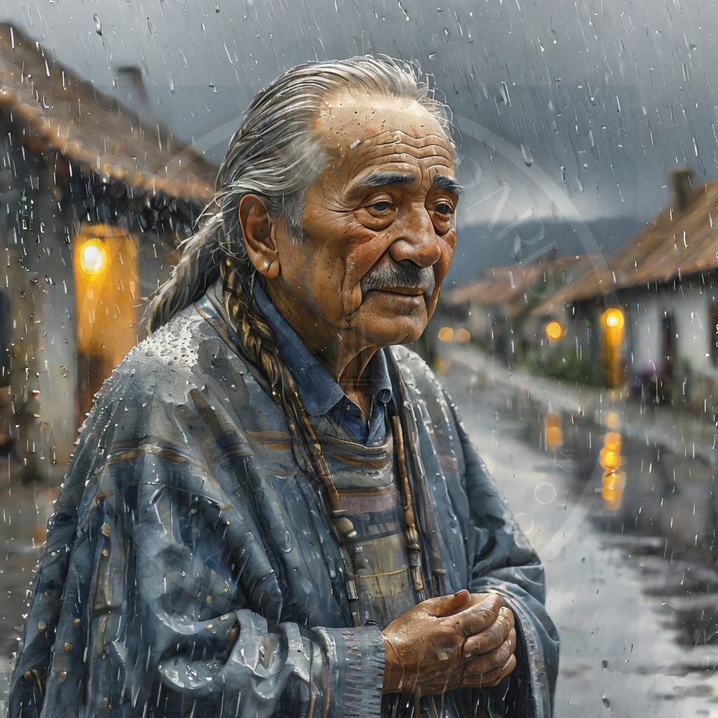 Abuelo standing in the rain in an adobe village. Long, silver hair, braided. 
