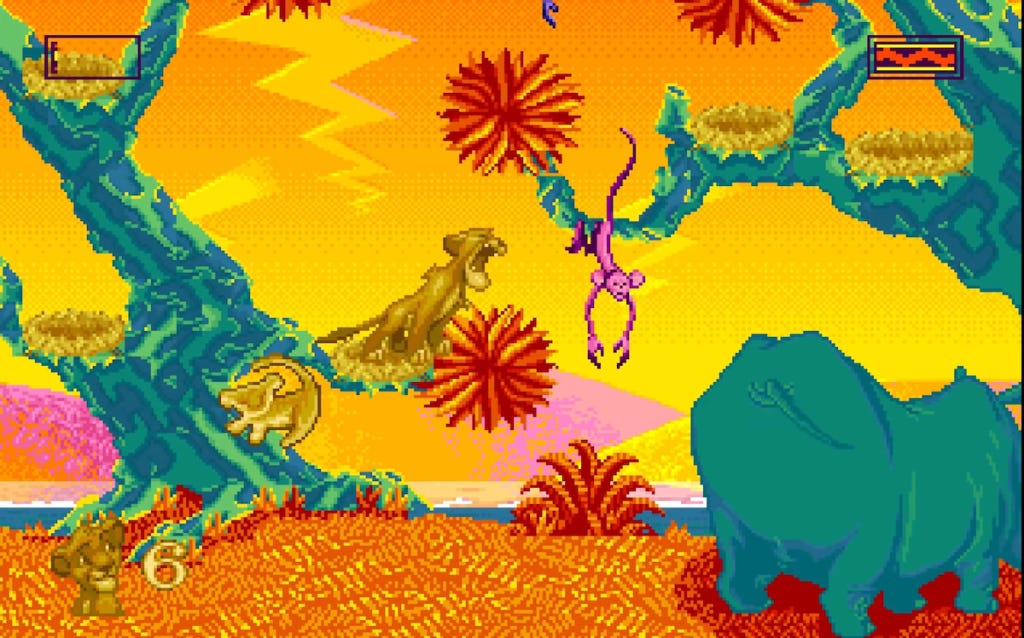 A pixellated rendition of a savannah where a lion cub roars at a monkey dangling from a tree