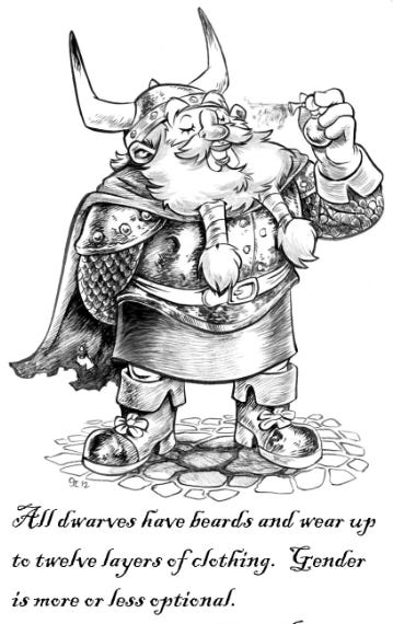 A drawing of a dwarven woman with a long beard, spritzing herself with perfume. The caption reads "All dwarves have beards and wear up to twelve layers of clothing. Gender is more or less optional."