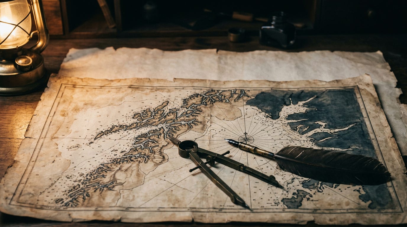 An old hand-drawn coastal chart with a brass compass and quill pen resting across it, the edges fading into blank paper An old hand-drawn coastal chart with a brass compass and quill pen resting across it, the edges fading into blank paper