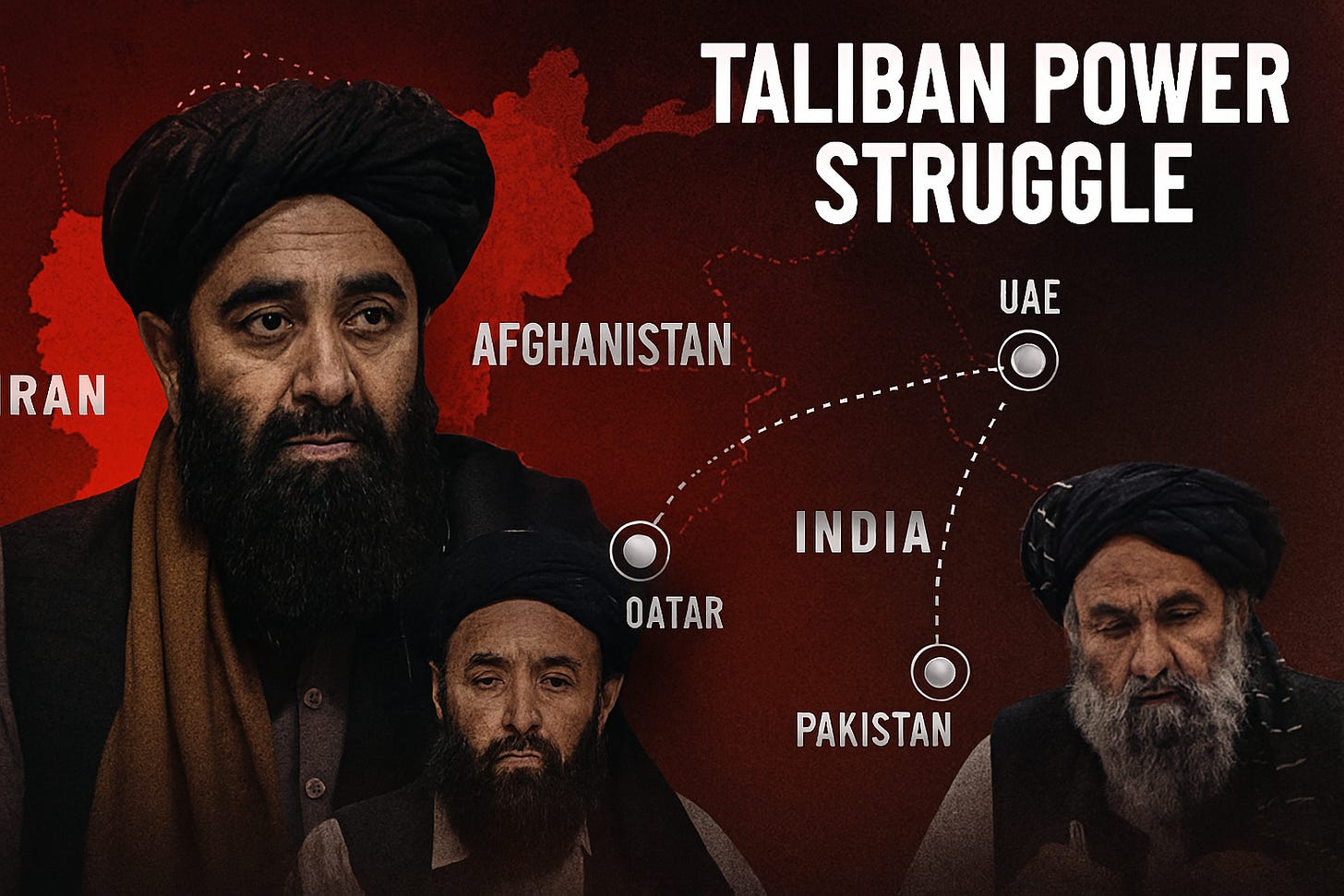 A stylized geopolitical illustration showing Sirajuddin Haqqani in traditional Afghan attire opening a secret diplomatic channel with officials from UAE and Qatar, mediated by a shadowy CIA figure in the background. The scene includes symbolic elements like split Taliban flags, a darkened silhouette of Mullah Hibatullah, and a map of Afghanistan with internet cables being cut. In the foreground, Indian and Pakistani flags face off, with Taliban officials like Mawlawi Amir Khan Muttaqi, Mullah Mohammad Nabi Omari, and Mullah Ibrahim Sadr shown navigating a new diplomatic path toward India.