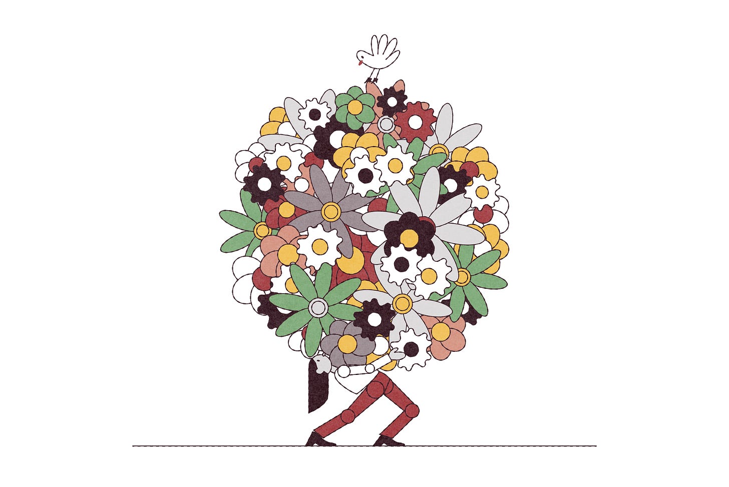 An illustration of a person carrying an enormous bunch of flowers with a little bird perched on top. An illustration of a person carrying an enormous bunch of flowers with a little bird perched on top.