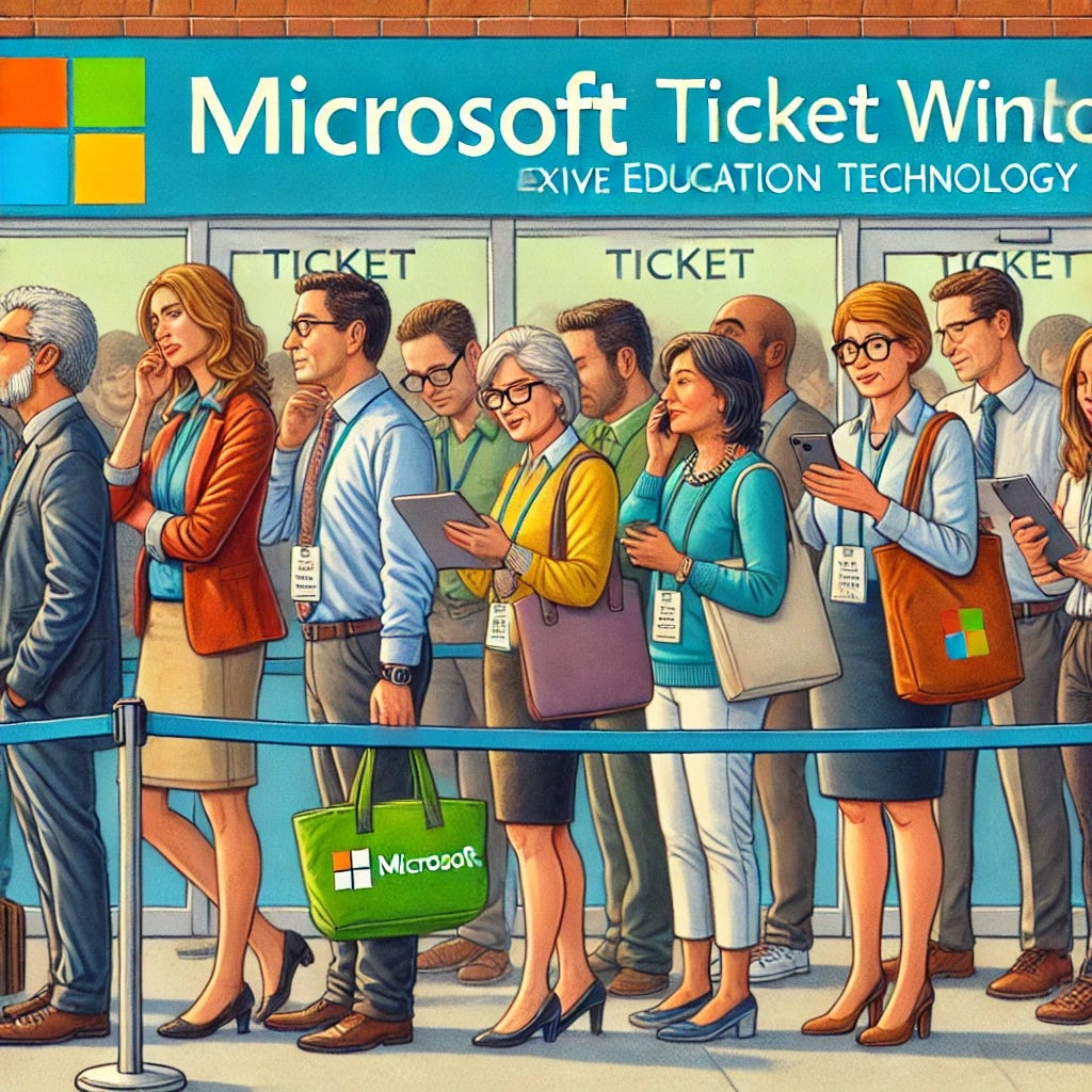 A group of teachers standing in line in front of a Microsoft ticket window, waiting as if for an exclusive education technology event. They wear professional attire, some with glasses, lanyards, and tote bags filled with notebooks and laptops. Some are chatting about technology in education, while others check their phones or sip coffee. The ticket window has a bright Microsoft logo, and the scene is colorful and illustrated in a detailed, slightly exaggerated style.
