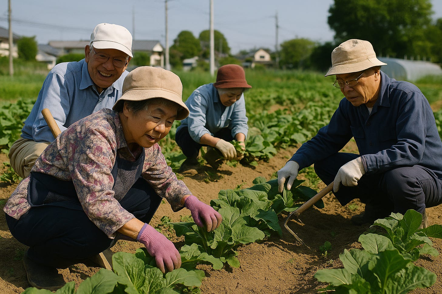 Japanese elderly community gardening outdoors in Okinawa, living their ikigai with purpose and connection in nature. Japanese elderly community gardening outdoors in Okinawa, living their ikigai with purpose and connection in nature.