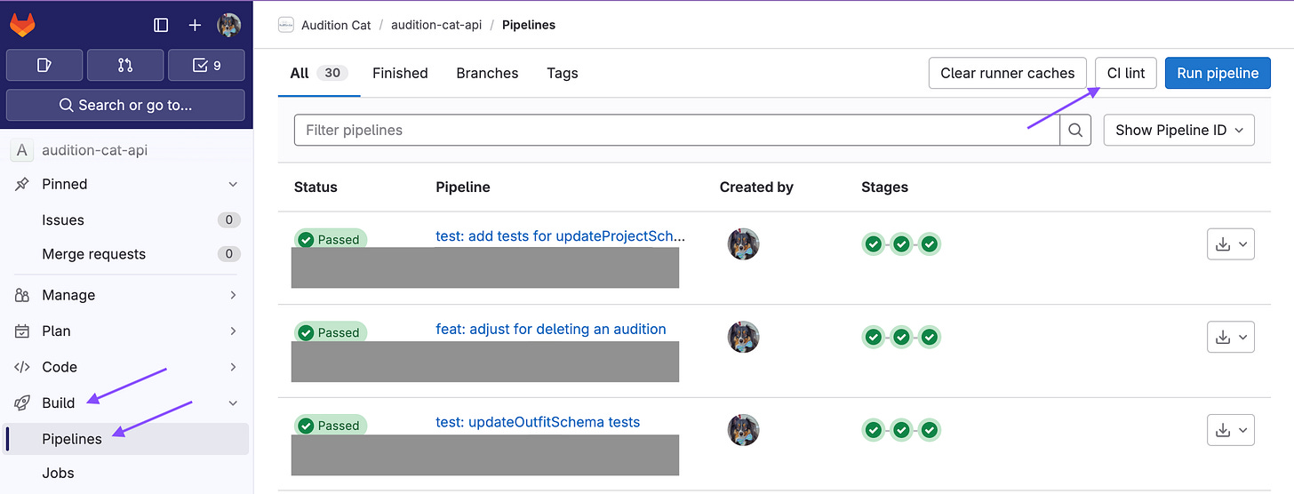 GitLab screenshot depicting the steps to access the CI lint tool. GitLab screenshot depicting the steps to access the CI lint tool.