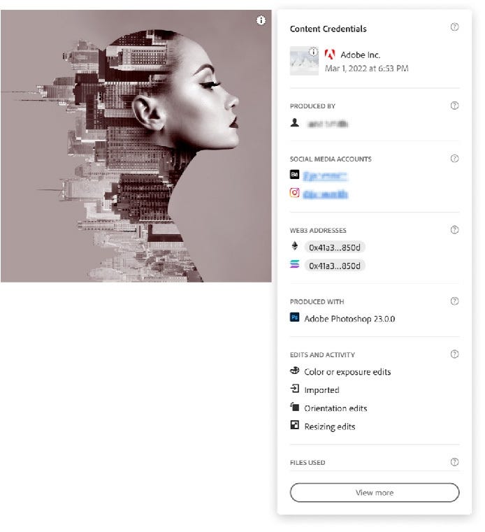 Screenshot of Adobe's Content Credentials in action that shows origins of a photo, edits, activity, where it has been placed, and more.