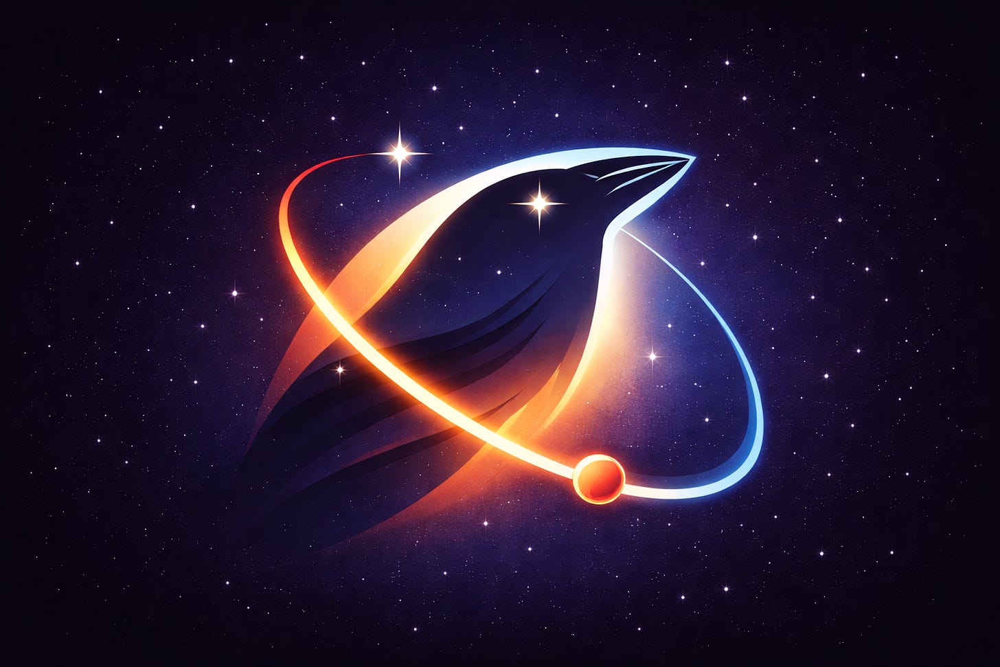 A stylized raven silhouette in space, intersected by a glowing orbital arc with a small planet, set against a starry deep-blue background.