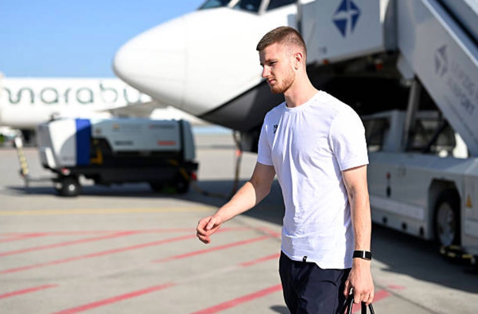 Adam Wharton of Crystal Palace disembarks as the plane carrying the Crystal Palace team arrives at Leipzig Halle Airport ahead of their UEFA Conference League Final 2026 match against Rayo Vallecano on May 26, 2026 in Leipzig, Germany. (Photo by Christian Kaspar-Bartke - UEFA/UEFA via Getty Images) Adam Wharton of Crystal Palace disembarks as the plane carrying the Crystal Palace team arrives at Leipzig Halle Airport ahead of their UEFA Conference League Final 2026 match against Rayo Vallecano on May 26, 2026 in Leipzig, Germany. (Photo by Christian Kaspar-Bartke - UEFA/UEFA via Getty Images)