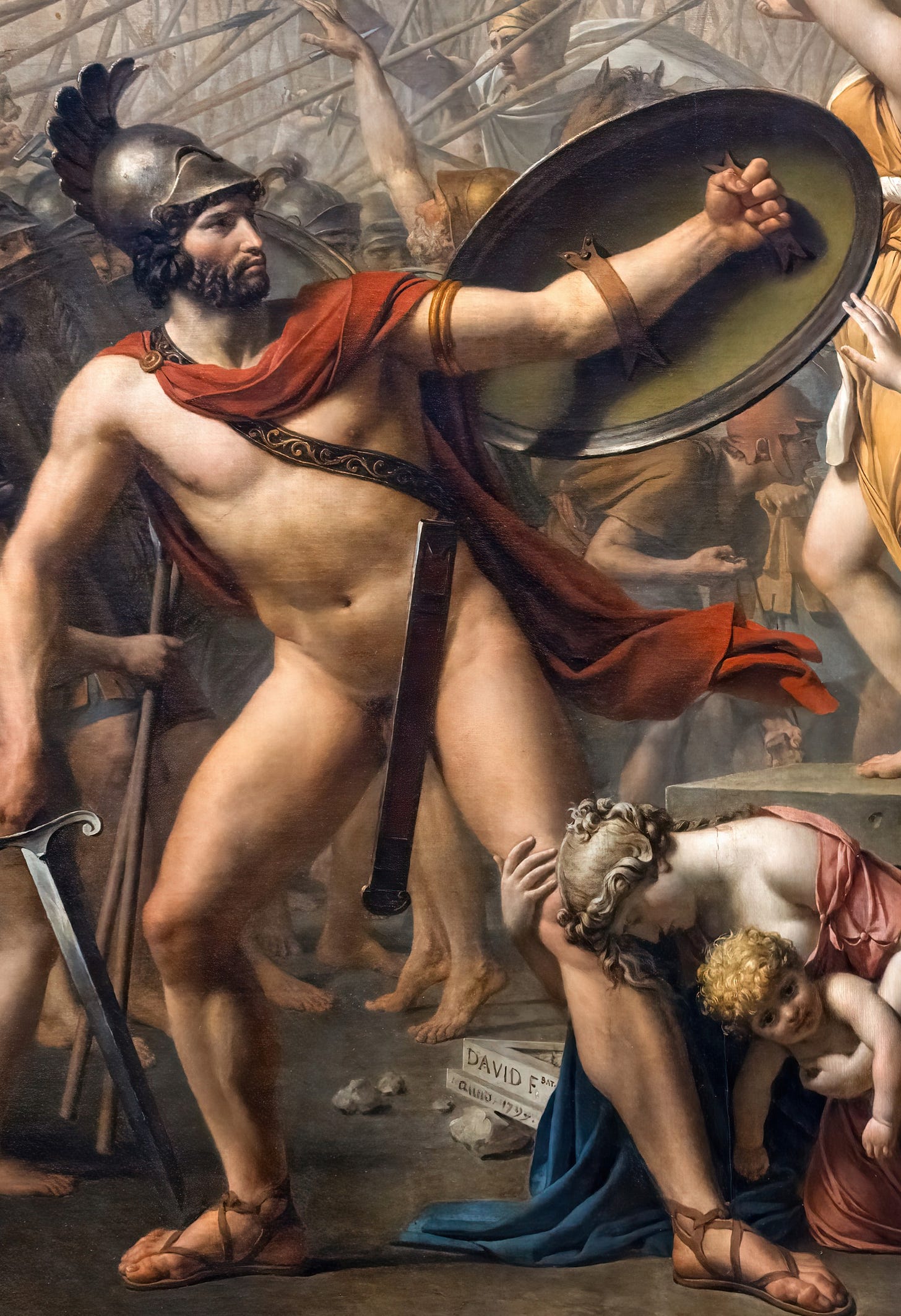 Jacques Louis David, The Intervention of the Sabine Women, 1799, Louvre, Paris. Detail: Titus Tatius, king of the Sabines. Jacques Louis David, The Intervention of the Sabine Women, 1799, Louvre, Paris. Detail: Titus Tatius, king of the Sabines.