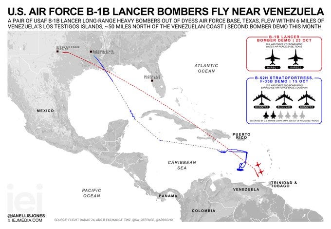 Map depicts flight paths of two U.S. Air Force B-1B Lancer bombers originating from Dyess Air Force Base in Texas, traveling over the Atlantic Ocean, approaching within 50 miles of Venezuelas coast and 6 miles of Los Testigos islands in the Caribbean Sea, with red and blue lines marking routes, labels for locations including Mexico, Panama, Colombia, Puerto Rico, Trinidad and Tobago, and insets showing bomber icons and Stratofortress details, sourced from Flightradar24 with exchange and timezone notes.