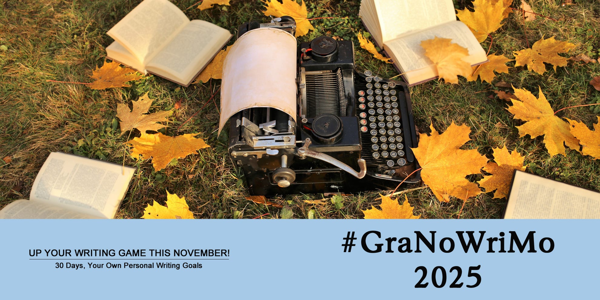 #GraNoWriMo Banner with typewriter in fall leaves