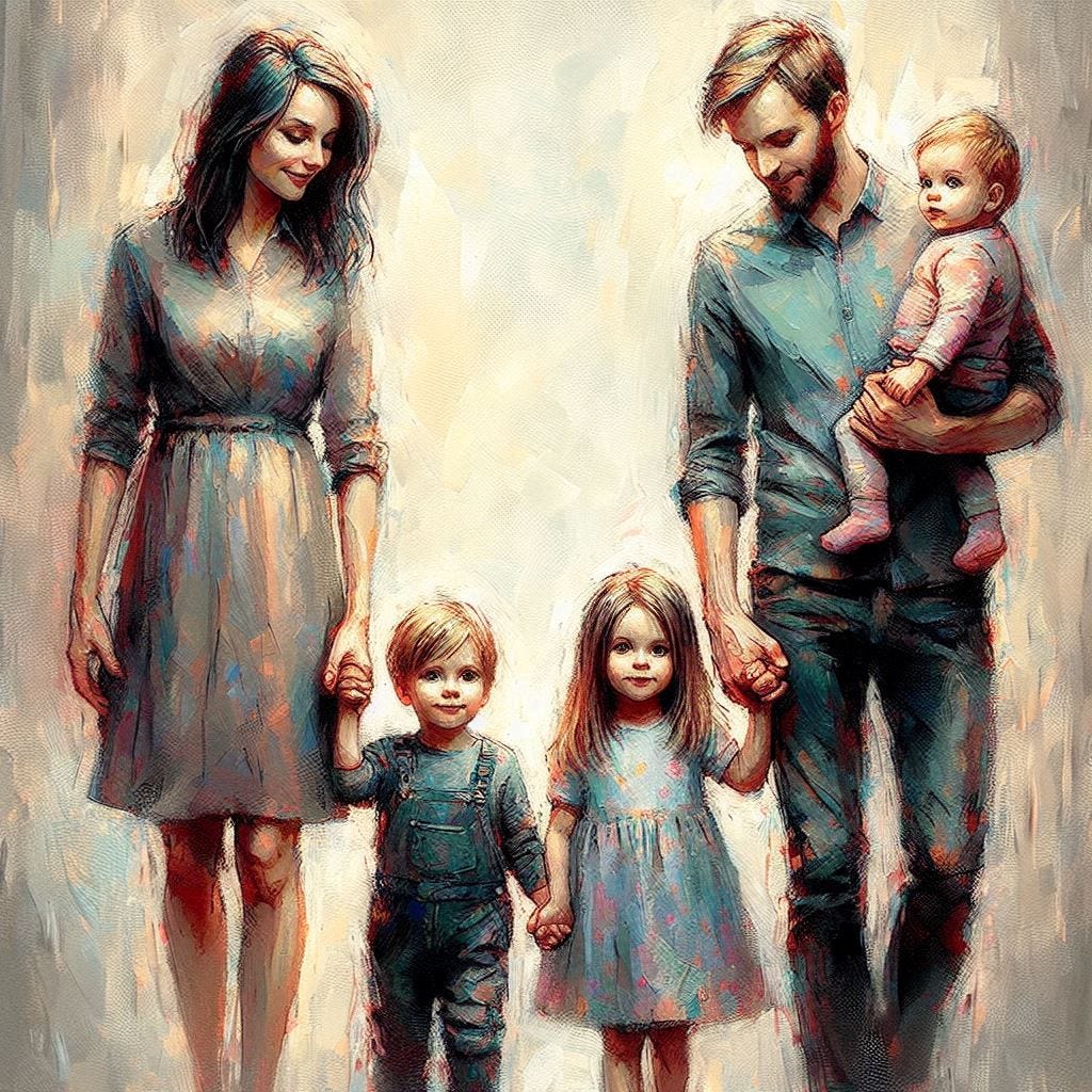 A mother and a father hold hands with two children. One of the two children looks like both the parents. The other only looks like the mother. Slight impressionist style.
