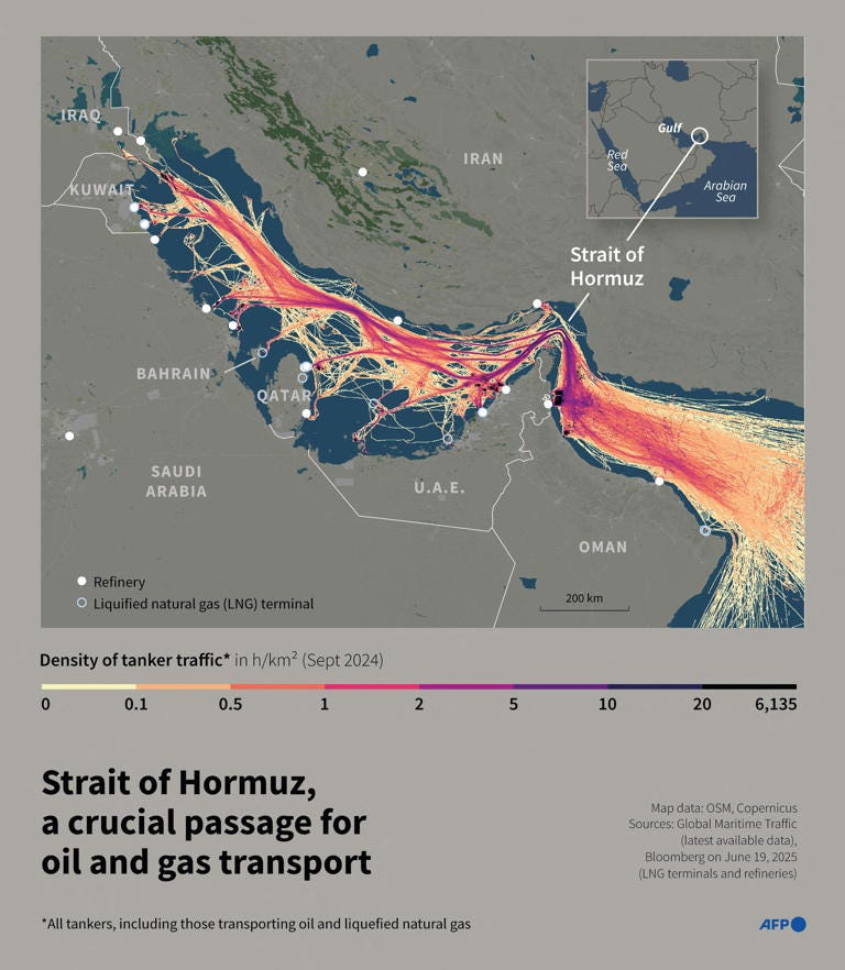 Map of the Persian Gulf and Strait of Hormuz showing maritime tanker traffic in September 2024. / Credit: NALINI LEPETIT-CHELLA,OMAR KAMAL/AFP via Getty Images) Map of the Persian Gulf and Strait of Hormuz showing maritime tanker traffic in September 2024. / Credit: NALINI LEPETIT-CHELLA,OMAR KAMAL/AFP via Getty Images)