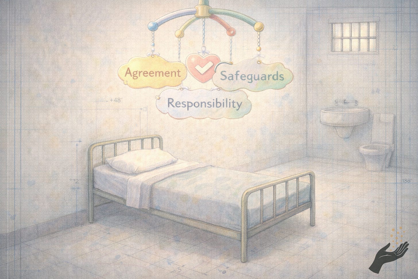 A simple cot in a clean pastel room sits beneath a nursery mobile with the words Agreement, Responsibility, and Safeguards hanging from it.