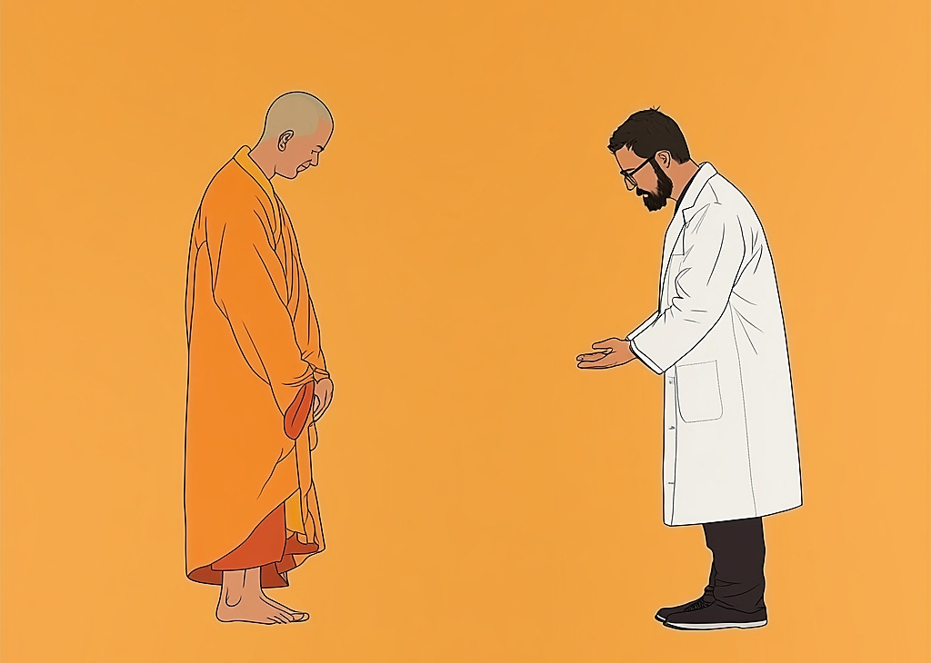 Lighthearted graphis image of a man in a Buddhist robe and a man in a lab coat bowing to each other