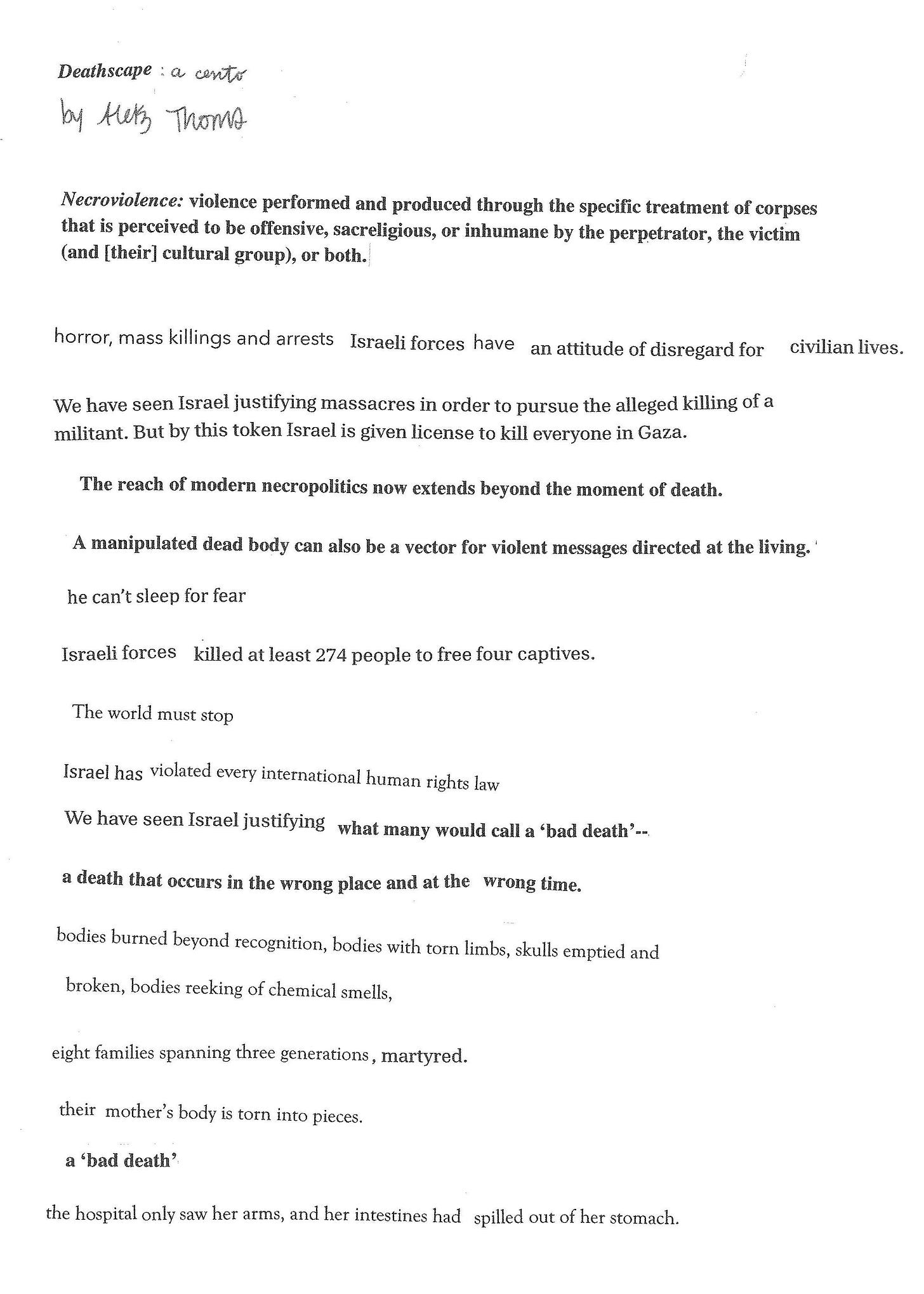 a collage poem; a deathscape: a cento by alekz thoms. necroviolence: violence performed and producted through