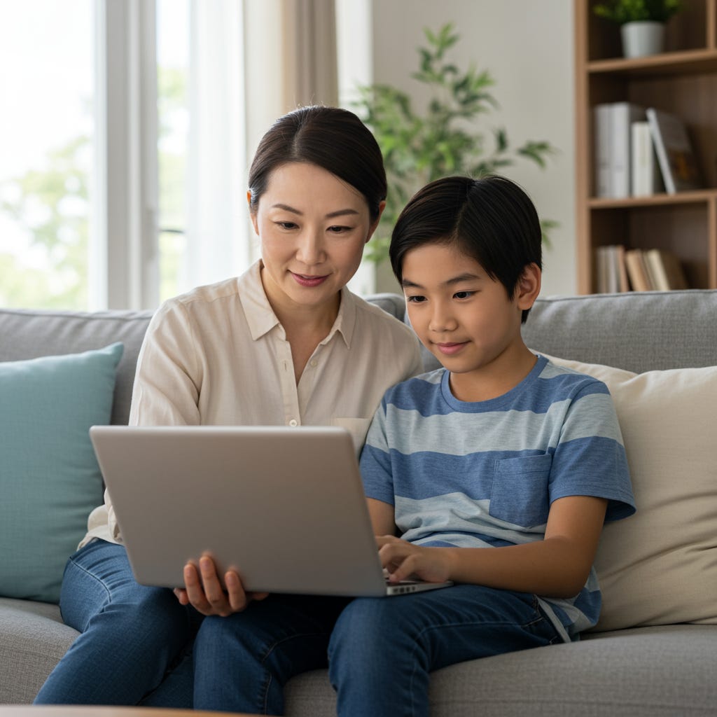 Mom and son looking at a laptop Mom and son looking at a laptop