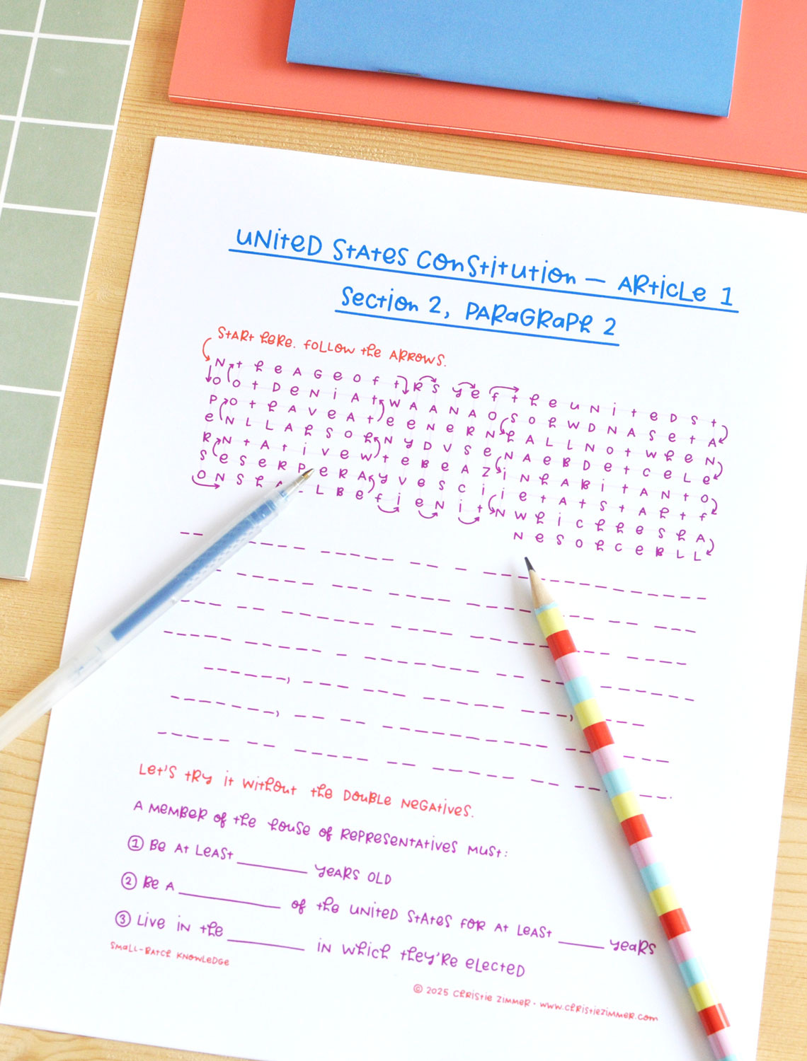 A colourful, handwritten journal page exploring Article 1, Section 2, Paragraph 2 of the U.S. Constitution. Shown with colourful pen, pencil, and notebooks.