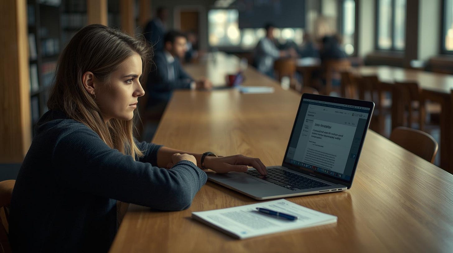 Job seeker calmly reviewing a career newsletter at home in the evening