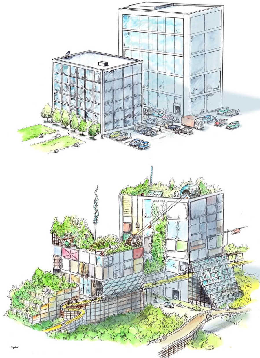 Here you see how former corporate offices are retrofitted into a new urban superstructure. An arcology that hosts people, like termite mounds host termites.  In these new green cities, plants and trees are abundant, buildings produce energy for energy-cooperatives and people finally start to look different towards ownership.