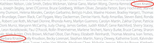 Zoomed view of a few dozen names from the poster. Scott Knaster and Barbara Knaster are circled in highlights.
