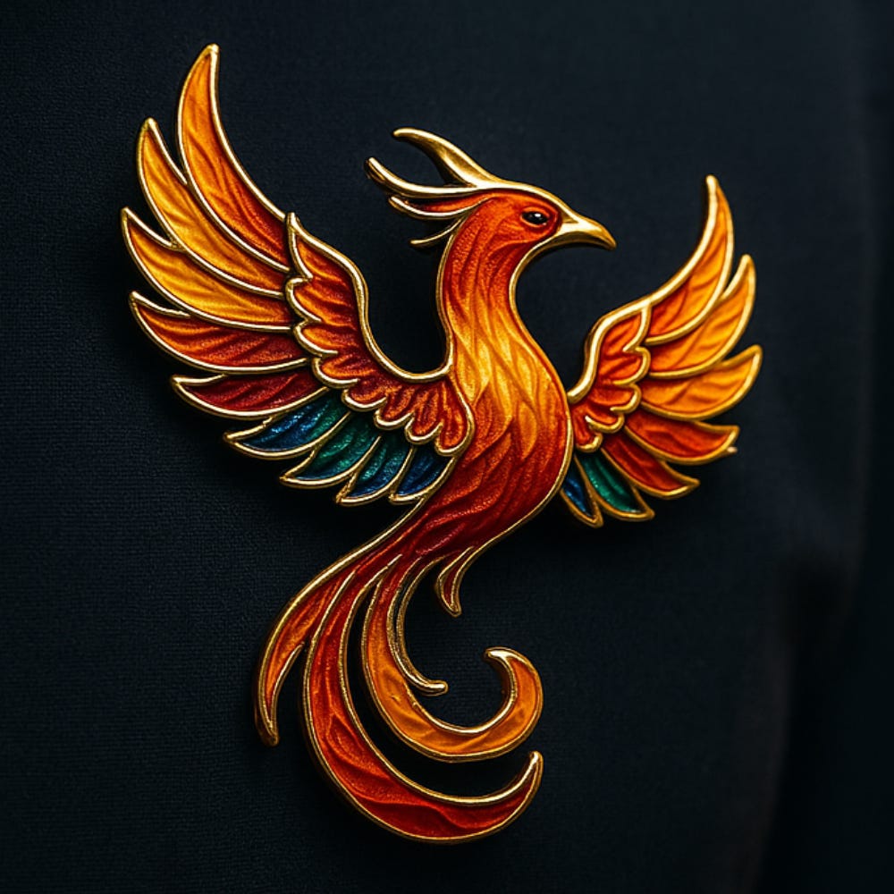 Close-up of an enamel phoenix brooch pinned to a dark shirt, its red-orange wings glowing under warm light.