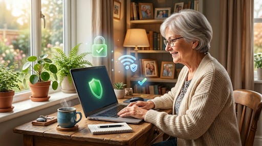 A woman looking at software on her laptop